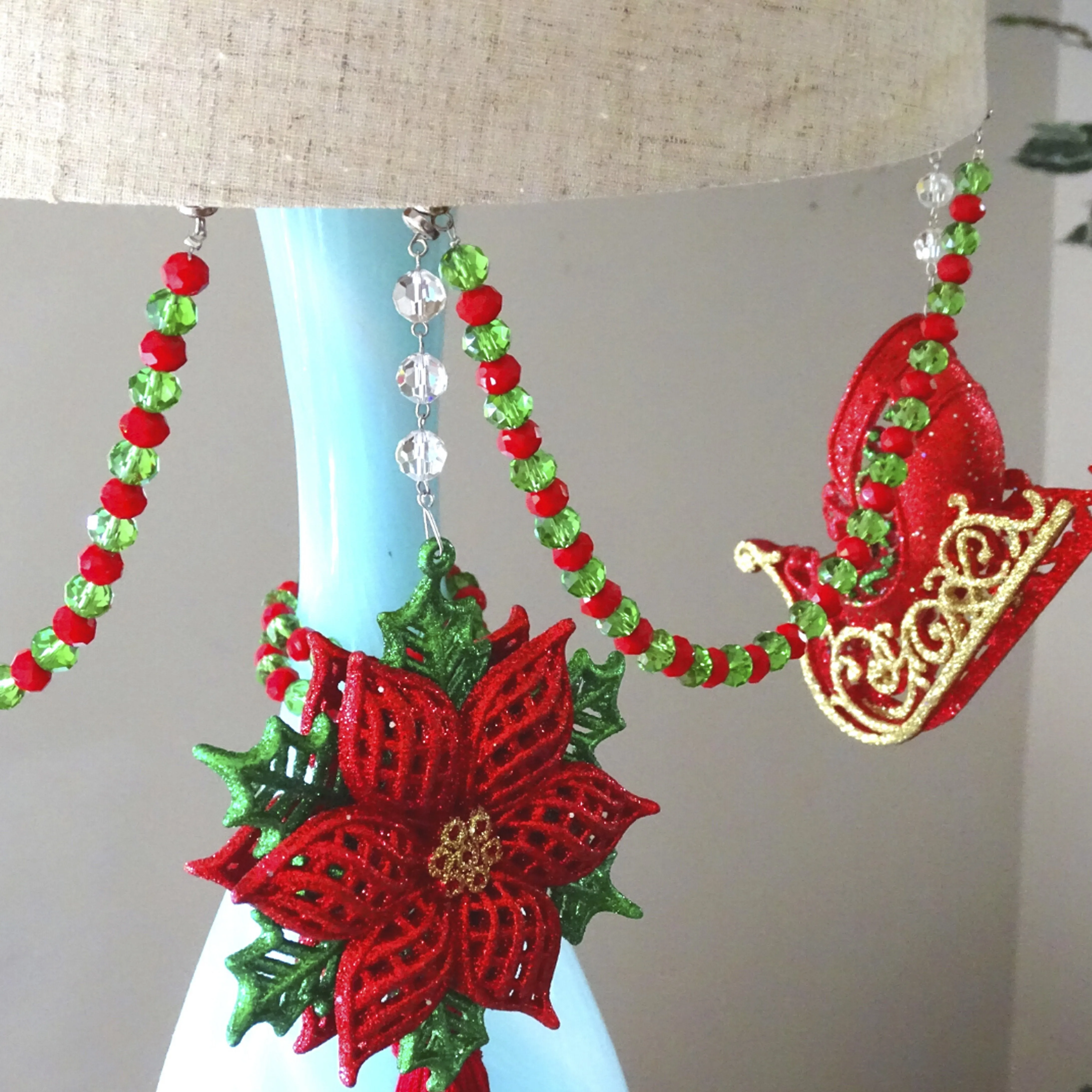 12" RED/GREEN CRYSTAL BEAD MAGNETIC CHANDELIER GARLAND (Set/3)