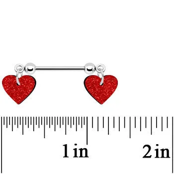 14 Gauge 5/8 Red Glitter Valentines Day Heart Nipple Ring Set