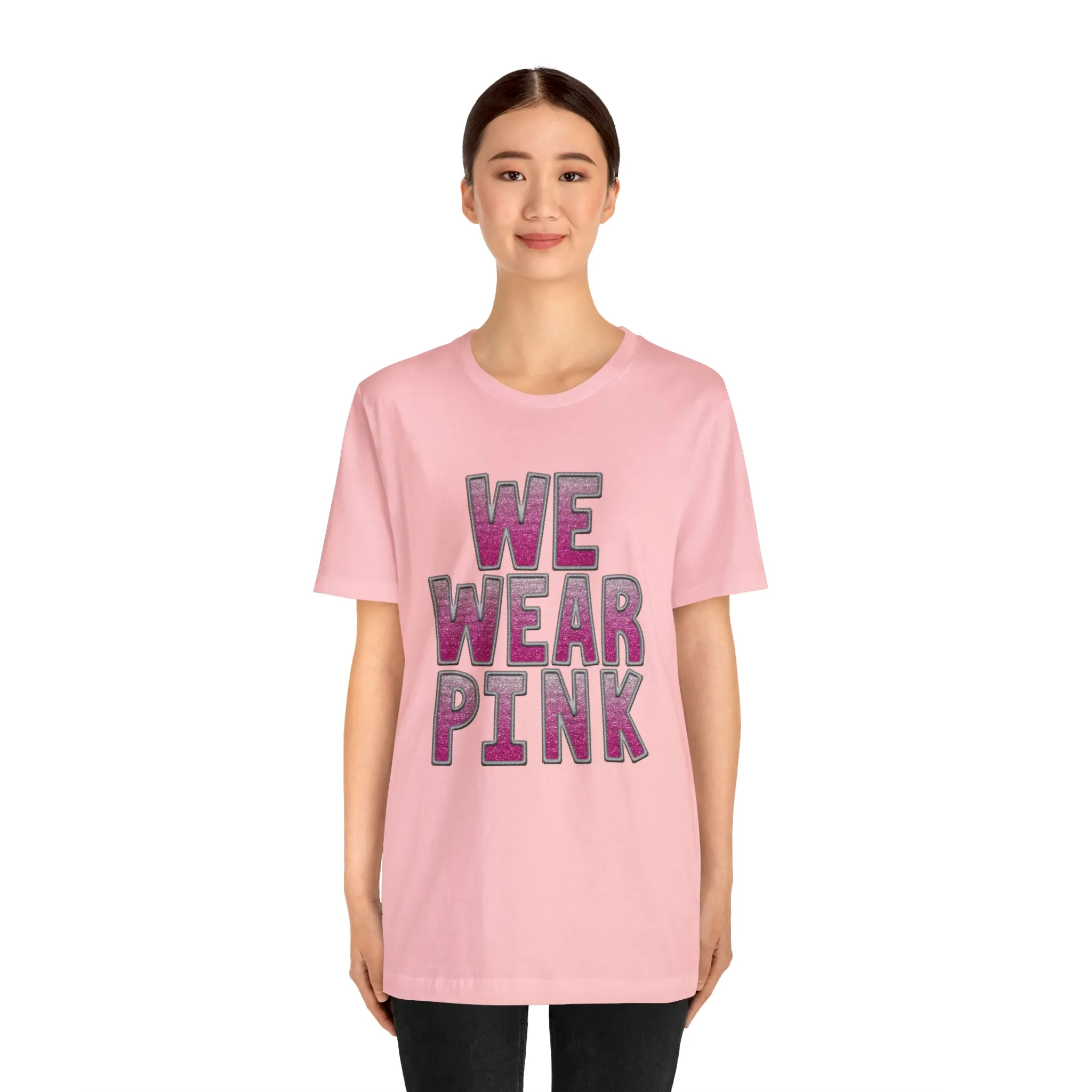 3Blues Designs |   Hazel Blues® |  We Wear Pink Faux Glitter Chenille Letter Tee