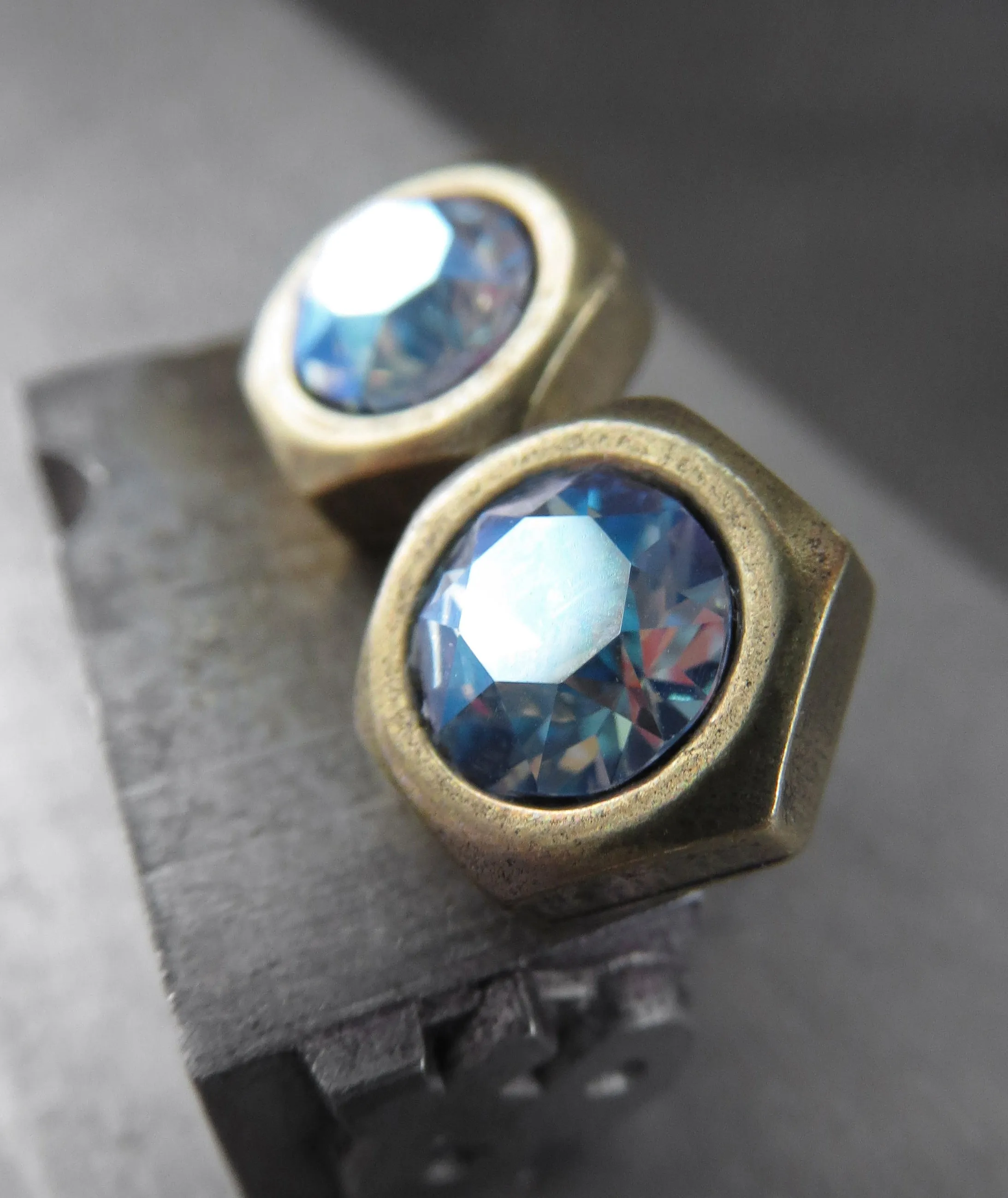 Antiqued Brass Hex Nut Stud Earrings with Shimmer Crystals
