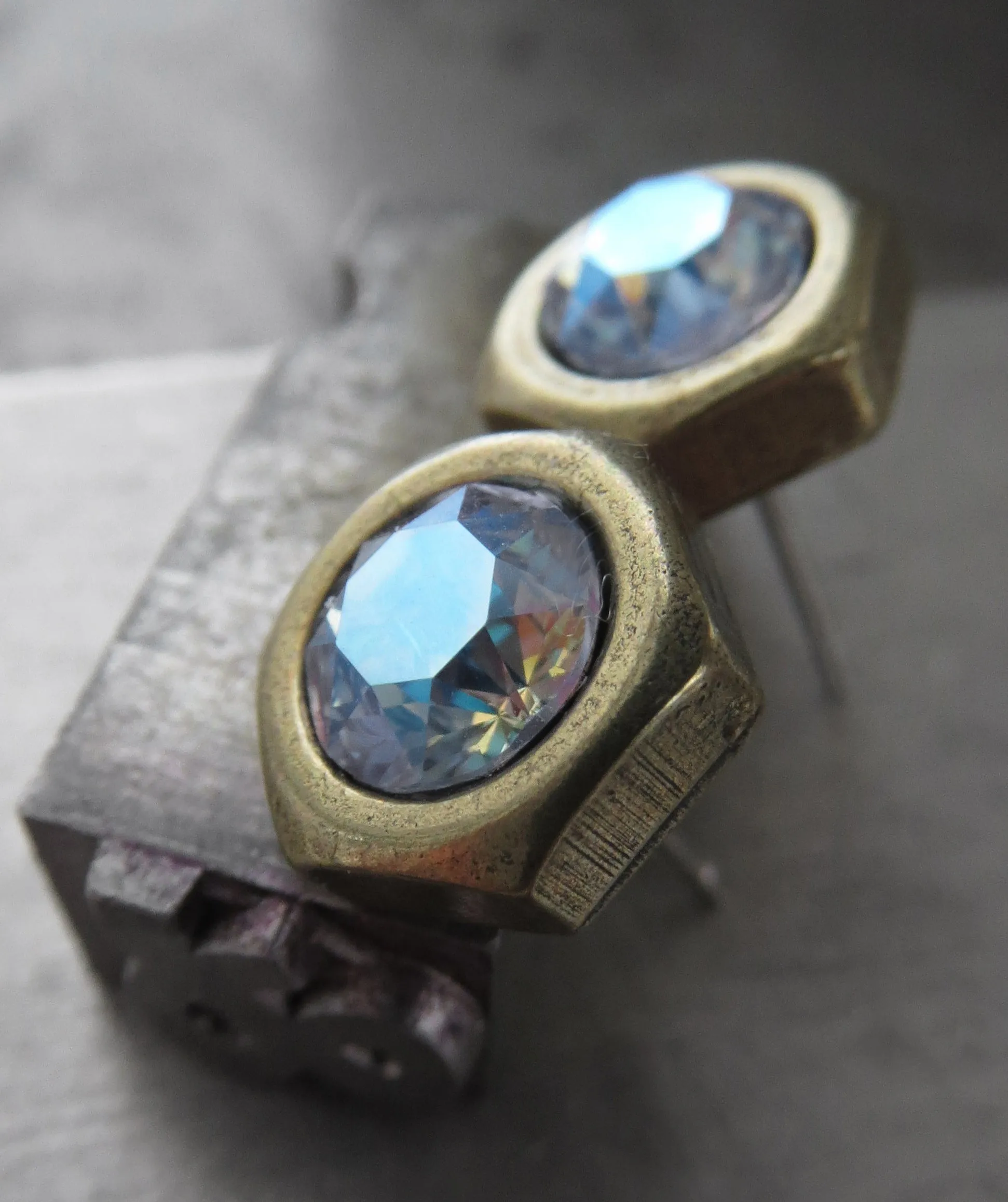 Antiqued Brass Hex Nut Stud Earrings with Shimmer Crystals