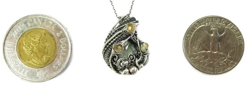 Aquamarine Pendant with Citrine, Sterling Silver Wire Wrap