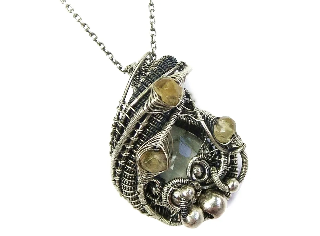 Aquamarine Pendant with Citrine, Sterling Silver Wire Wrap