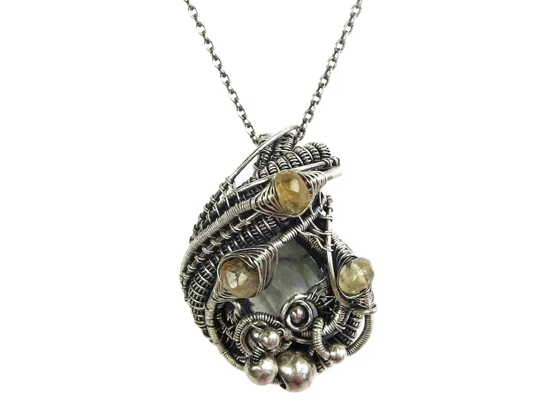 Aquamarine Pendant with Citrine, Sterling Silver Wire Wrap