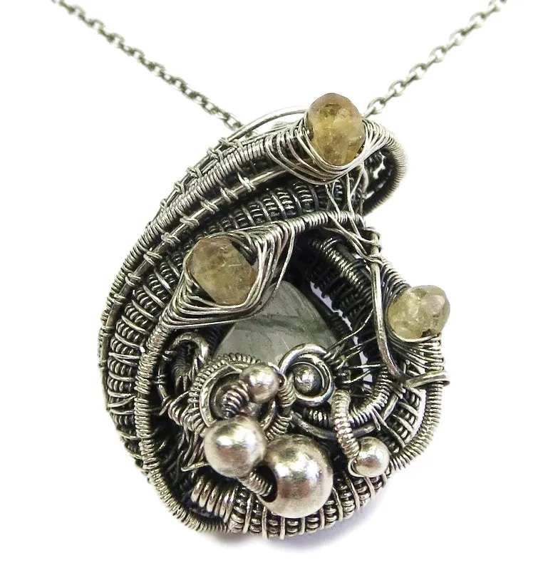 Aquamarine Pendant with Citrine, Sterling Silver Wire Wrap