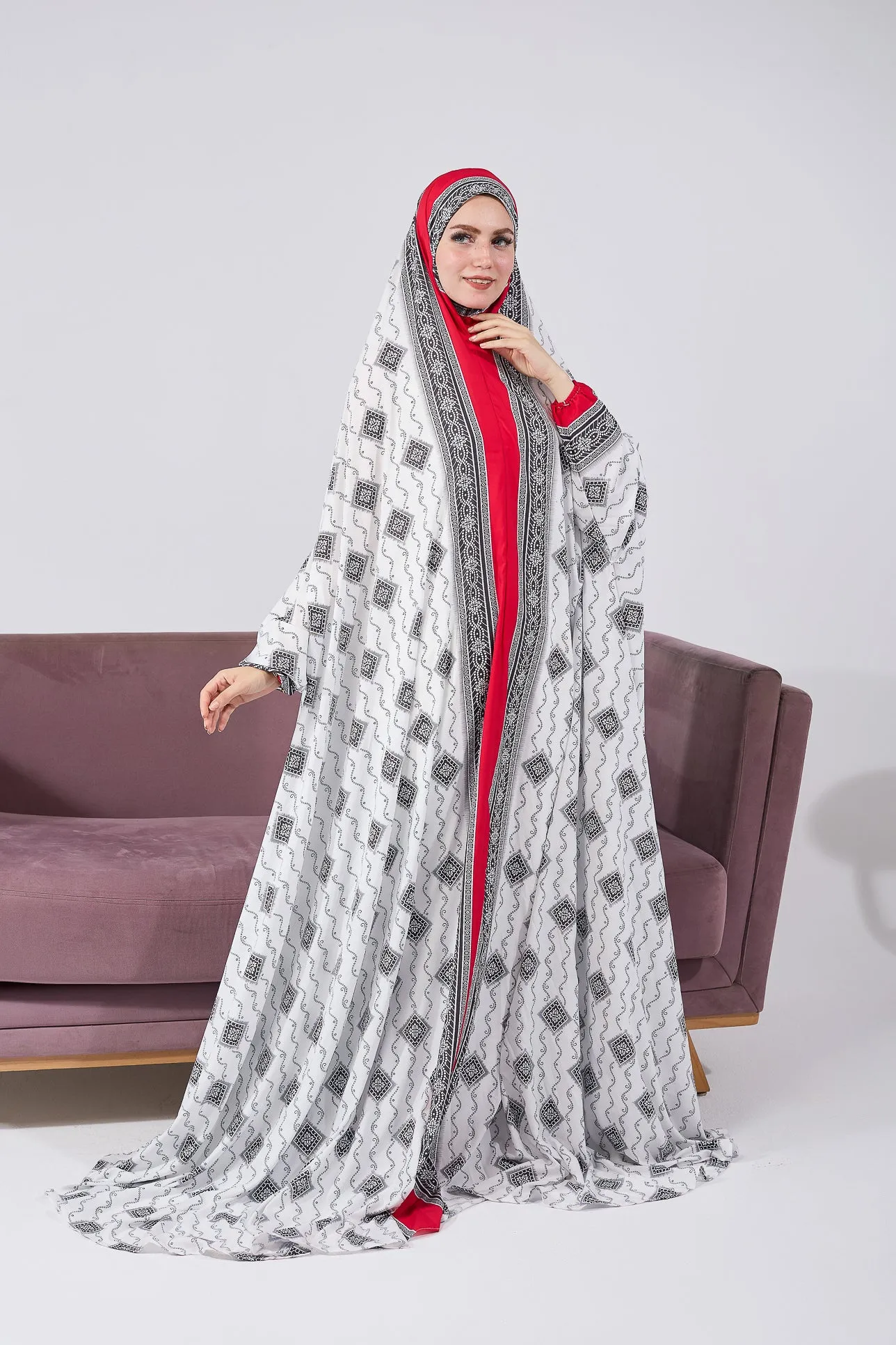 Arij Satin Prayer Gown with Ornate Black and White Print