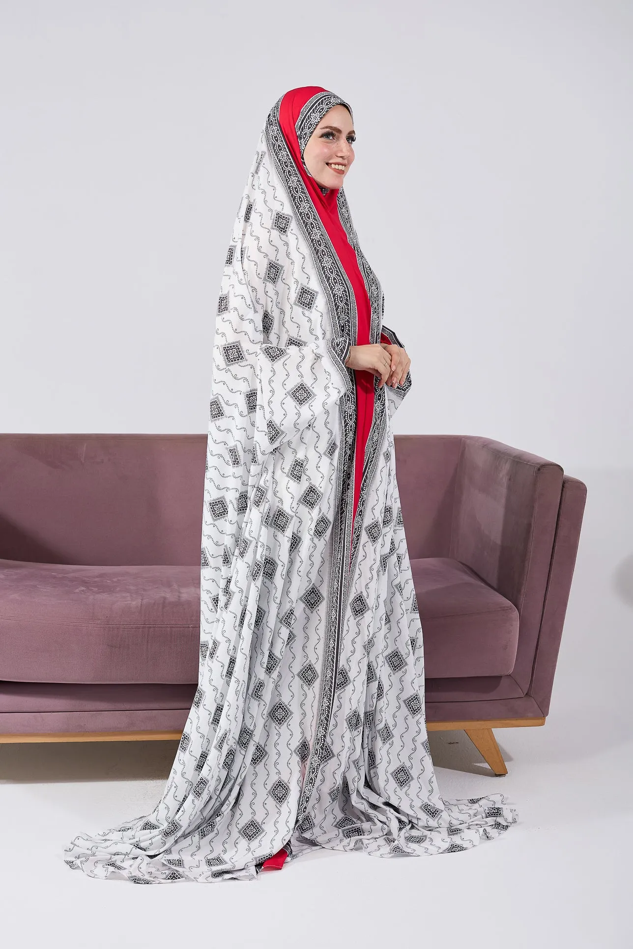 Arij Satin Prayer Gown with Ornate Black and White Print