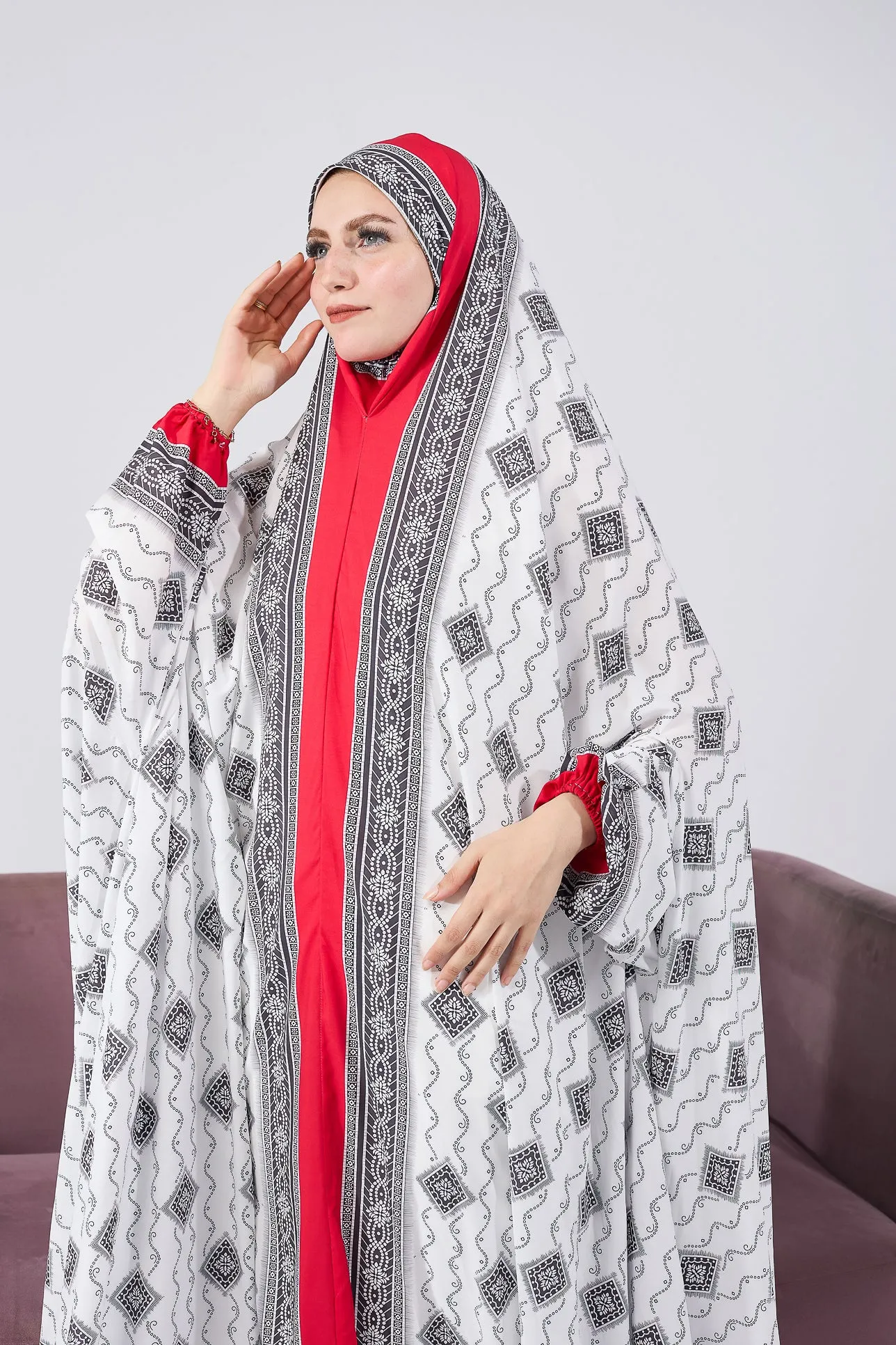 Arij Satin Prayer Gown with Ornate Black and White Print