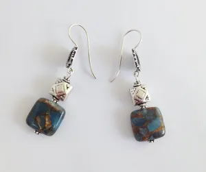 Bali Sterling Silver , Aquamarine and Gold Vein Pyrite Earrings