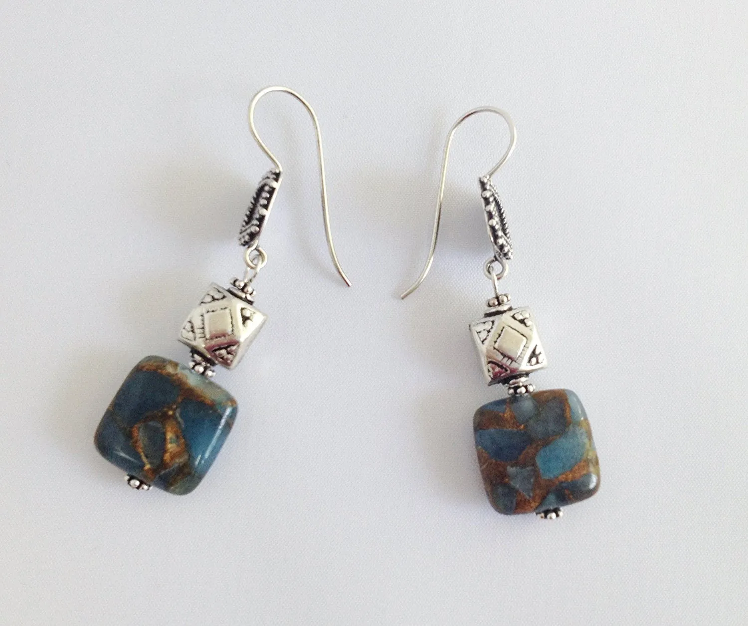 Bali Sterling Silver , Aquamarine and Gold Vein Pyrite Earrings