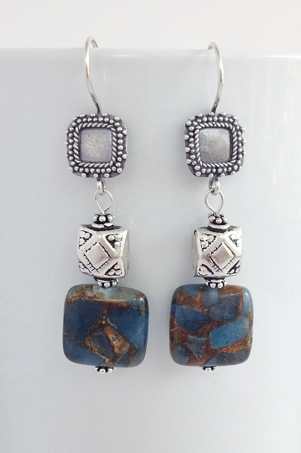 Bali Sterling Silver , Aquamarine and Gold Vein Pyrite Earrings