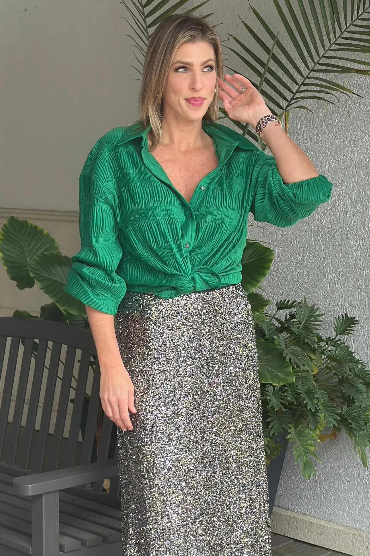 Bette Green Textured Velvet Long Sleeve Shirt