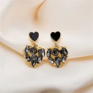 Black Crystal & 18K Gold-Plated Heart Drop Earrings