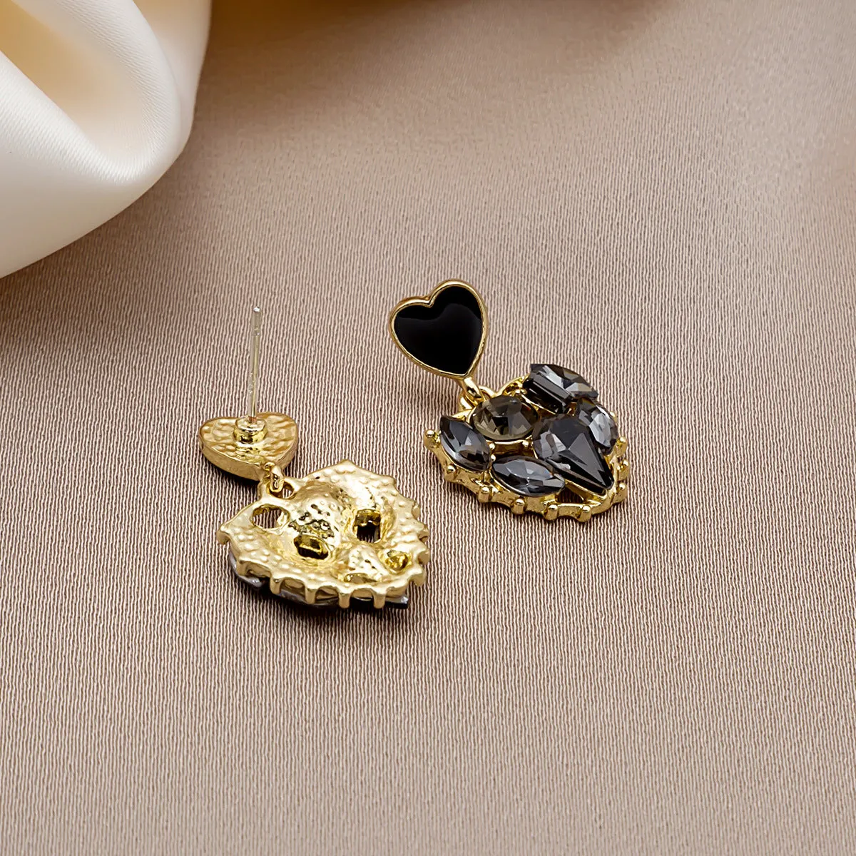 Black Crystal & 18K Gold-Plated Heart Drop Earrings