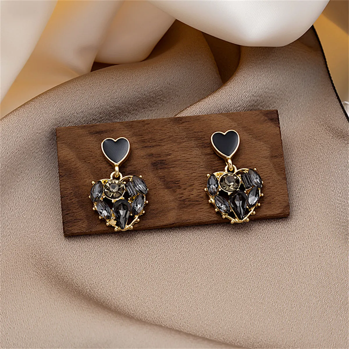 Black Crystal & 18K Gold-Plated Heart Drop Earrings