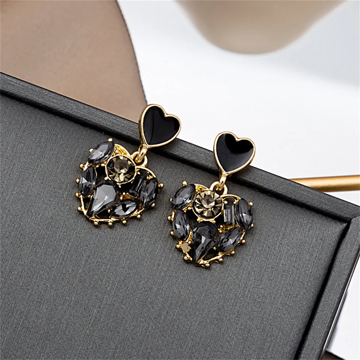 Black Crystal & 18K Gold-Plated Heart Drop Earrings