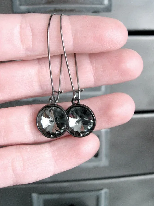 Black Diamond Crystal Earrings with Gunmetal Bezels