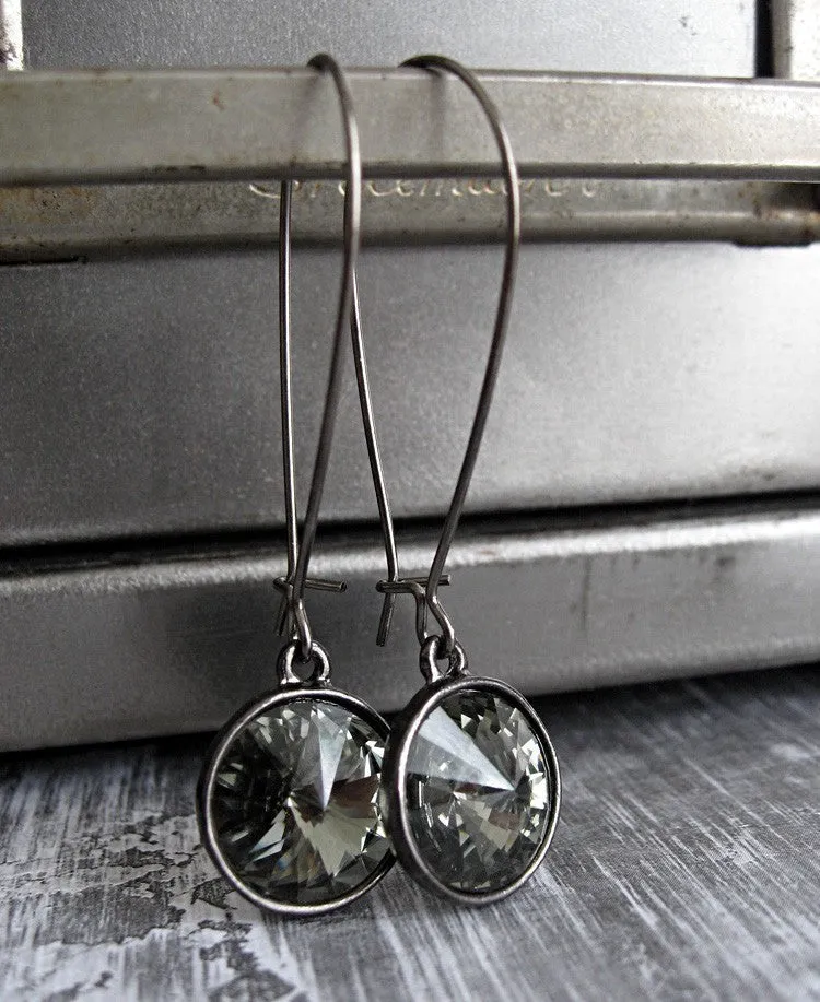 Black Diamond Crystal Earrings with Gunmetal Bezels
