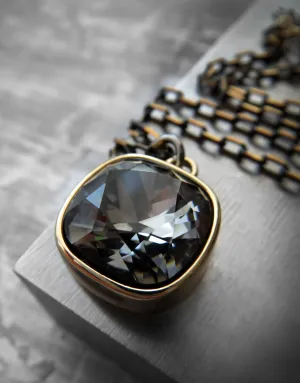 Black Night Crystal Necklace with Gold Square Pendant