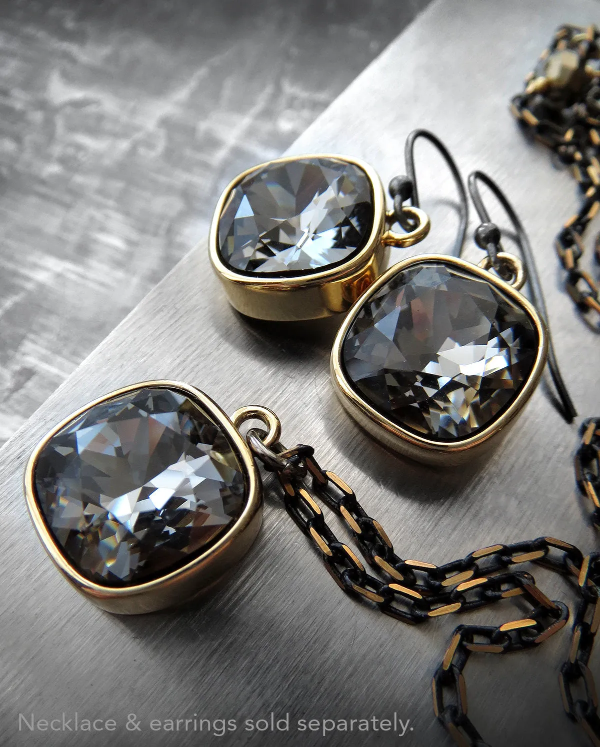 Black Night Crystal Necklace with Gold Square Pendant