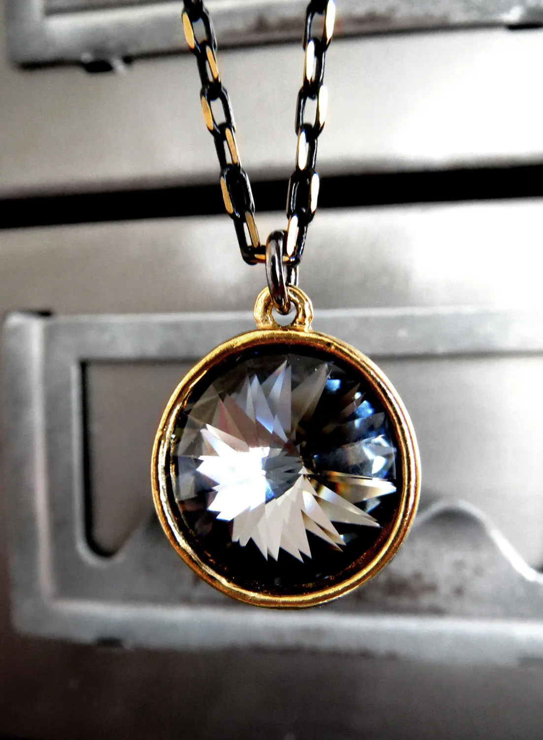 Black Night Crystal Rivoli Necklace with Gold Bezel