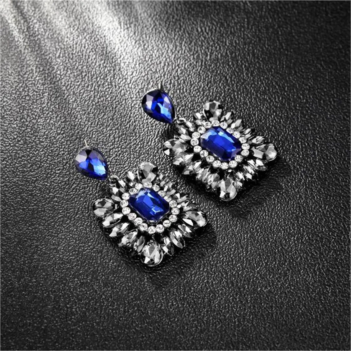 Blue & Cubic Zirconia Rectangle Drop Earrings