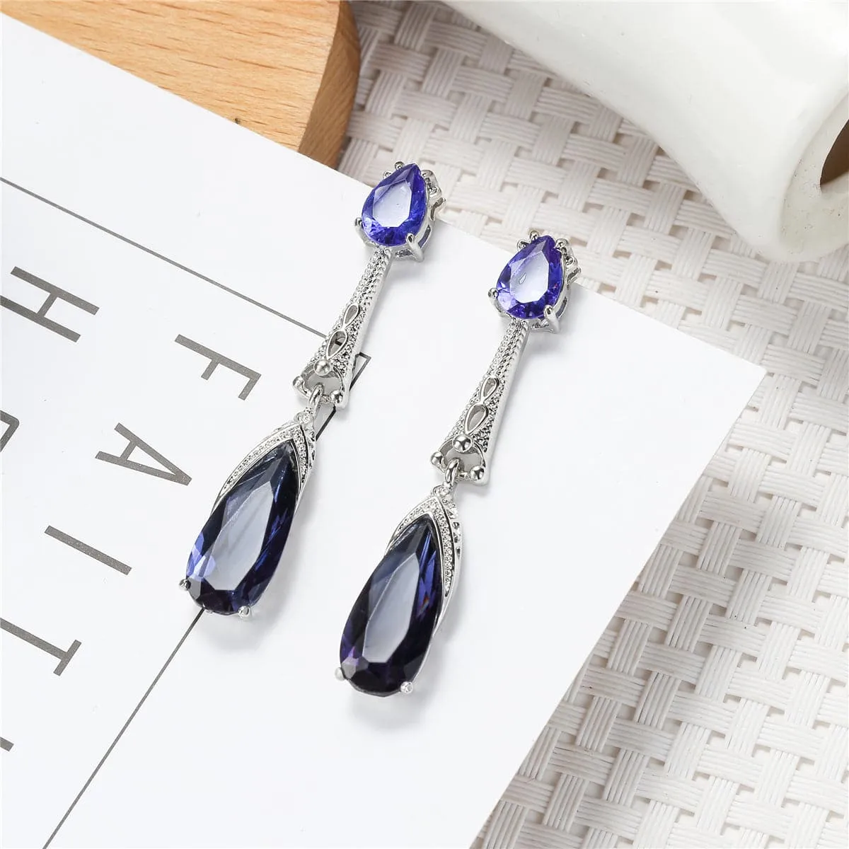 Blue Crystal & Silver-Plated Drop Earrings