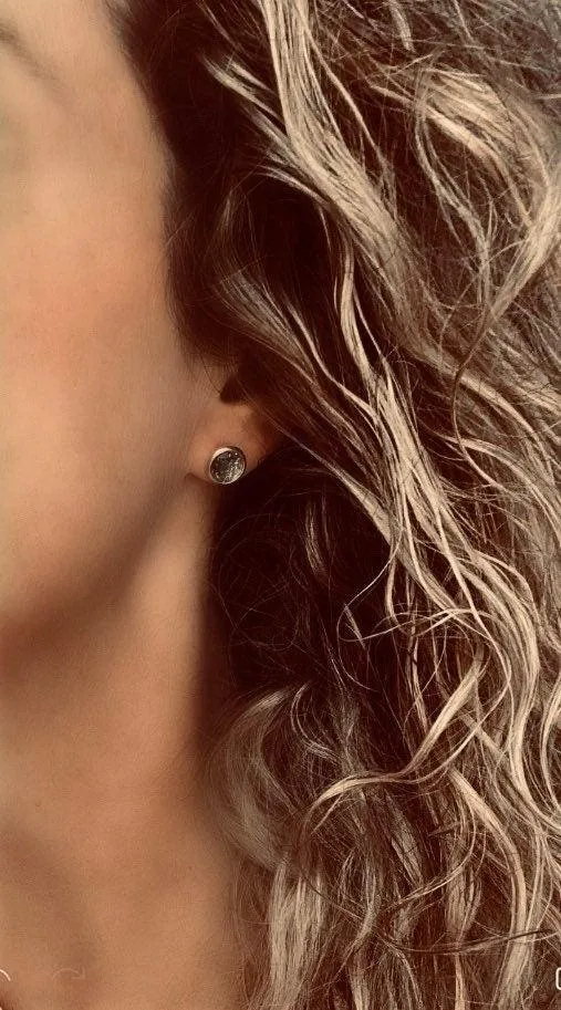 Blue Stud Earrings - glitter ombre silver to blue gradient facet cut in little round silver bezel - small simple sparkling everyday jewelry
