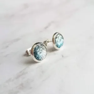 Blue Stud Earrings - glitter ombre silver to blue gradient facet cut in little round silver bezel - small simple sparkling everyday jewelry