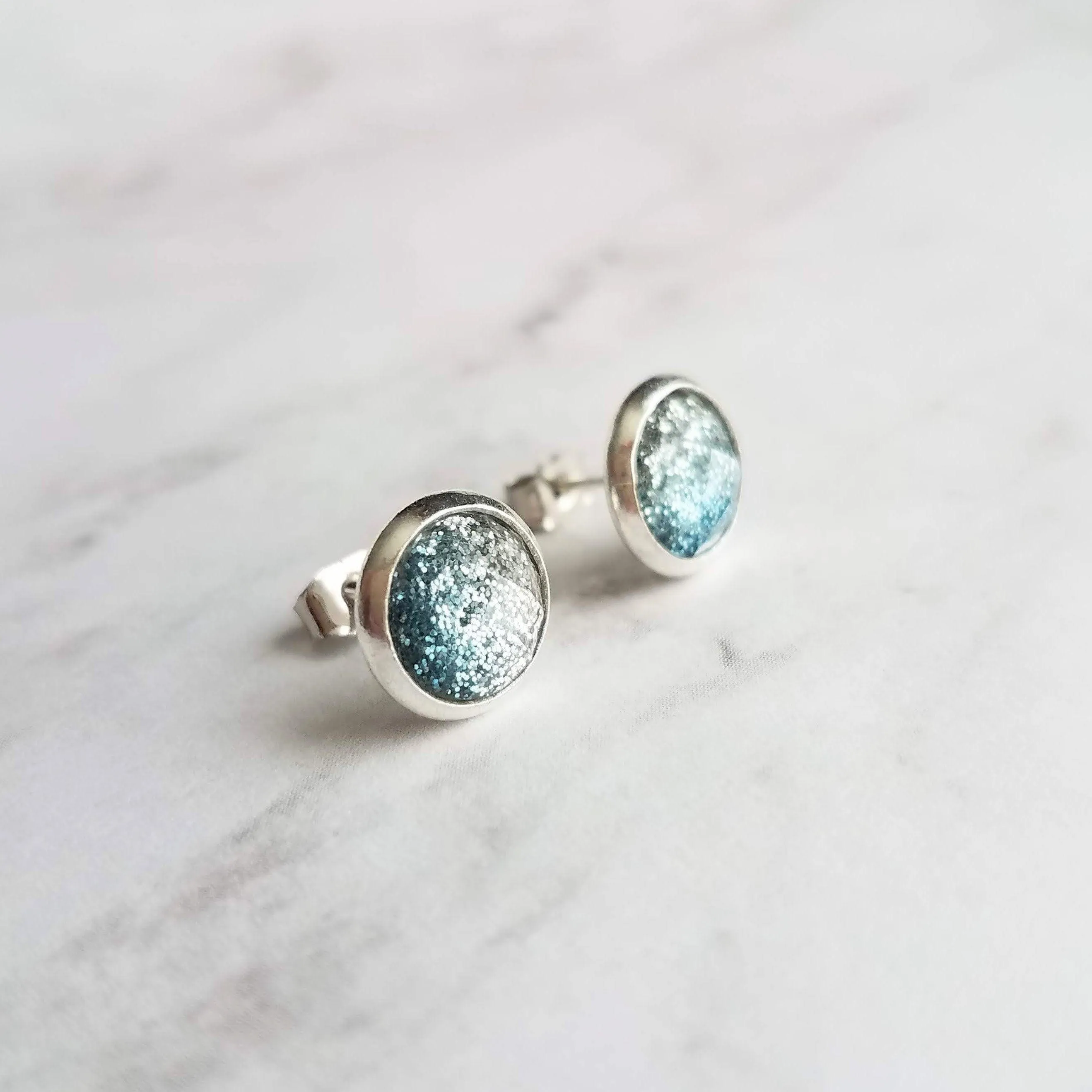 Blue Stud Earrings - glitter ombre silver to blue gradient facet cut in little round silver bezel - small simple sparkling everyday jewelry