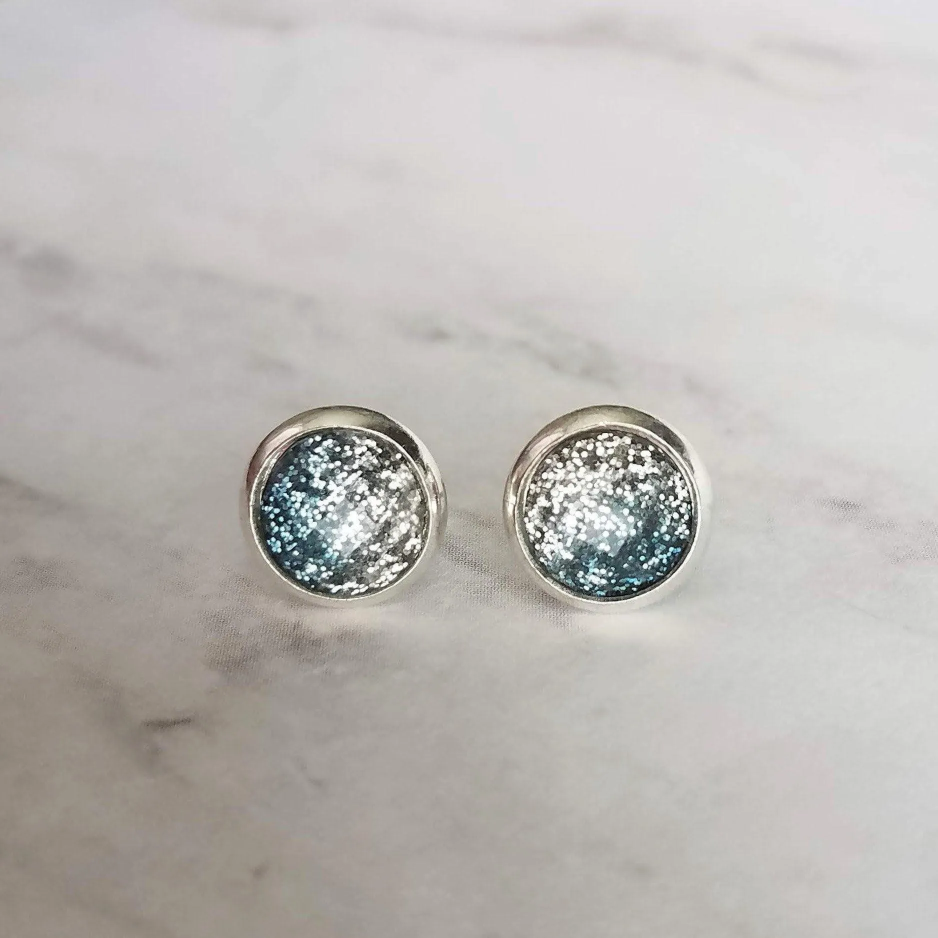 Blue Stud Earrings - glitter ombre silver to blue gradient facet cut in little round silver bezel - small simple sparkling everyday jewelry