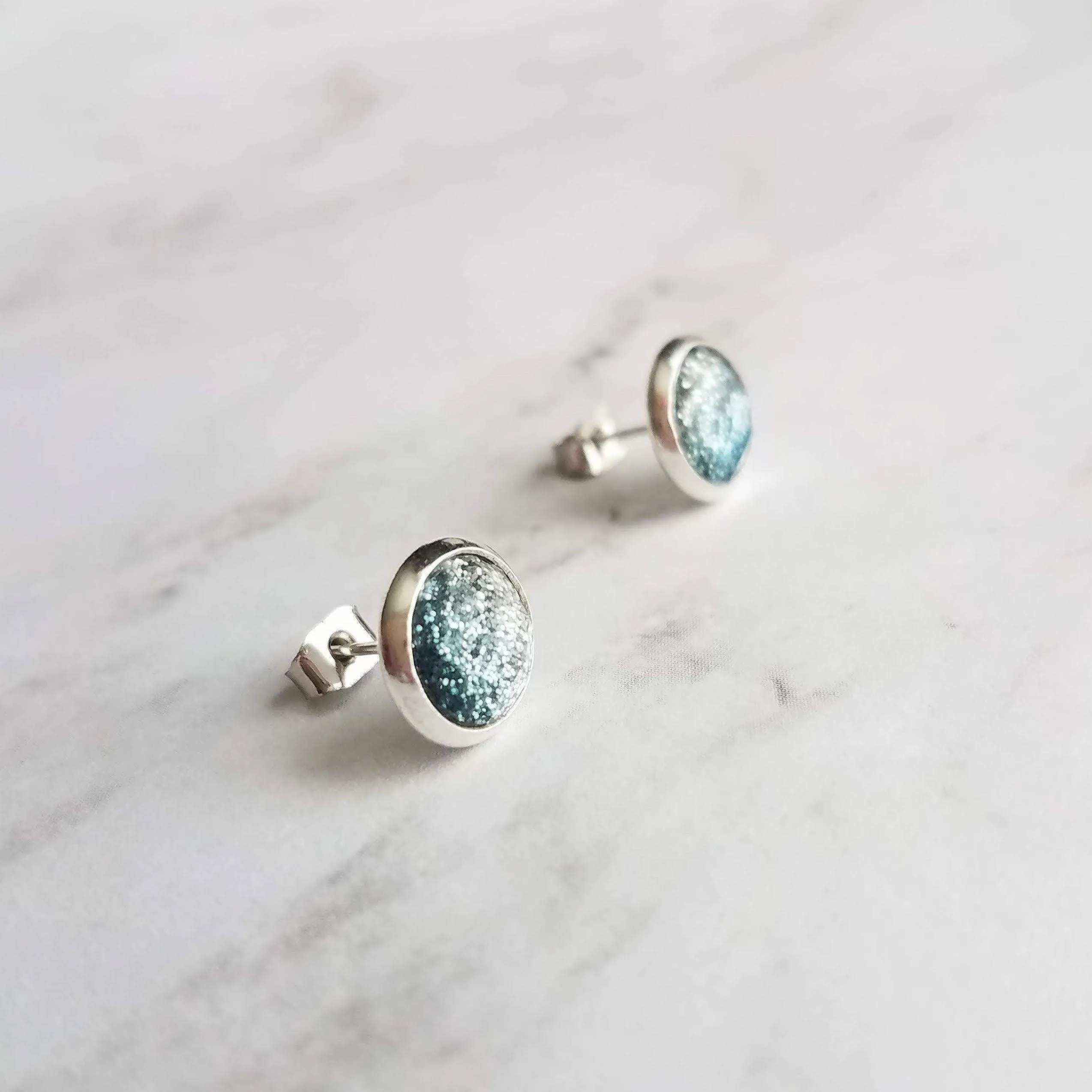 Blue Stud Earrings - glitter ombre silver to blue gradient facet cut in little round silver bezel - small simple sparkling everyday jewelry