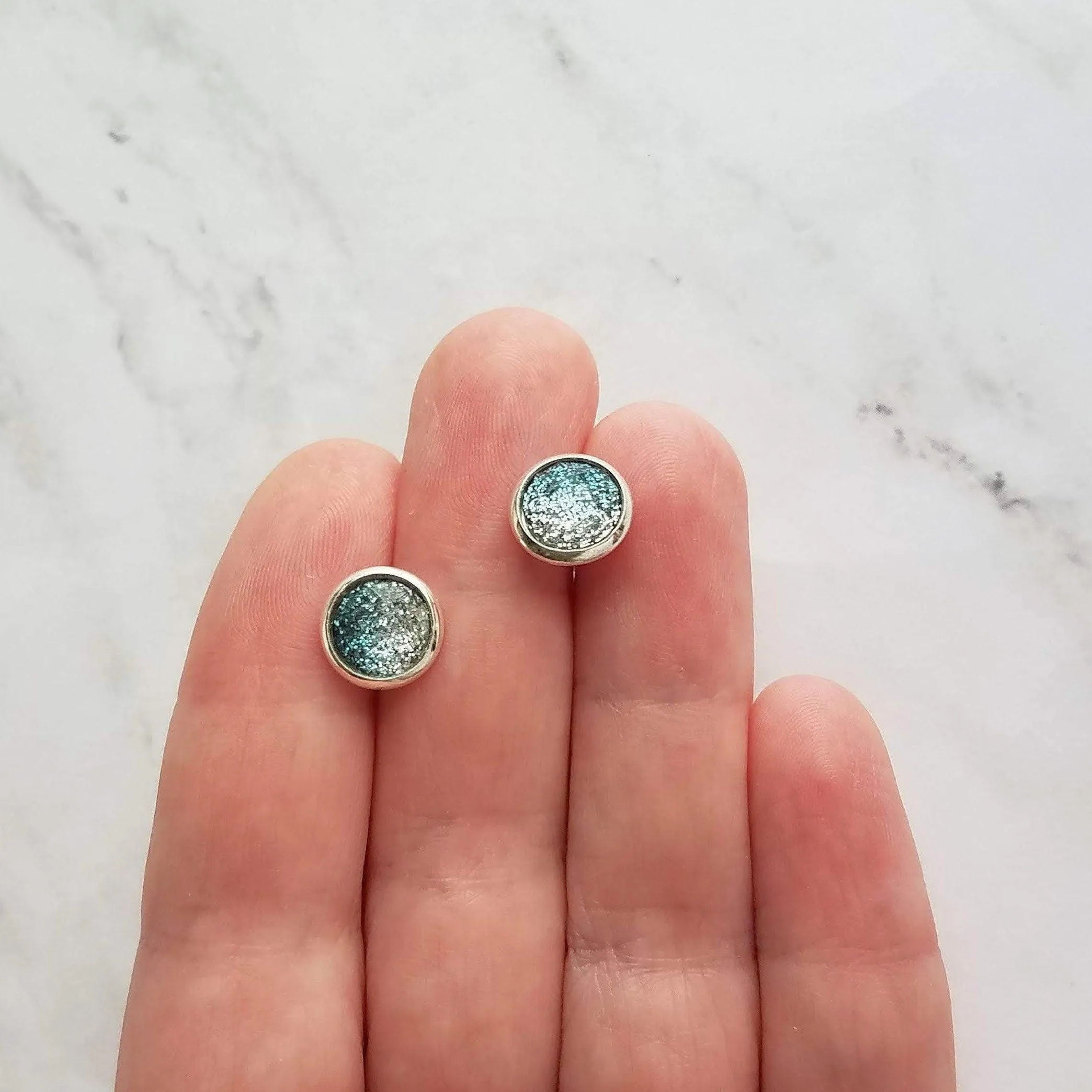 Blue Stud Earrings - glitter ombre silver to blue gradient facet cut in little round silver bezel - small simple sparkling everyday jewelry