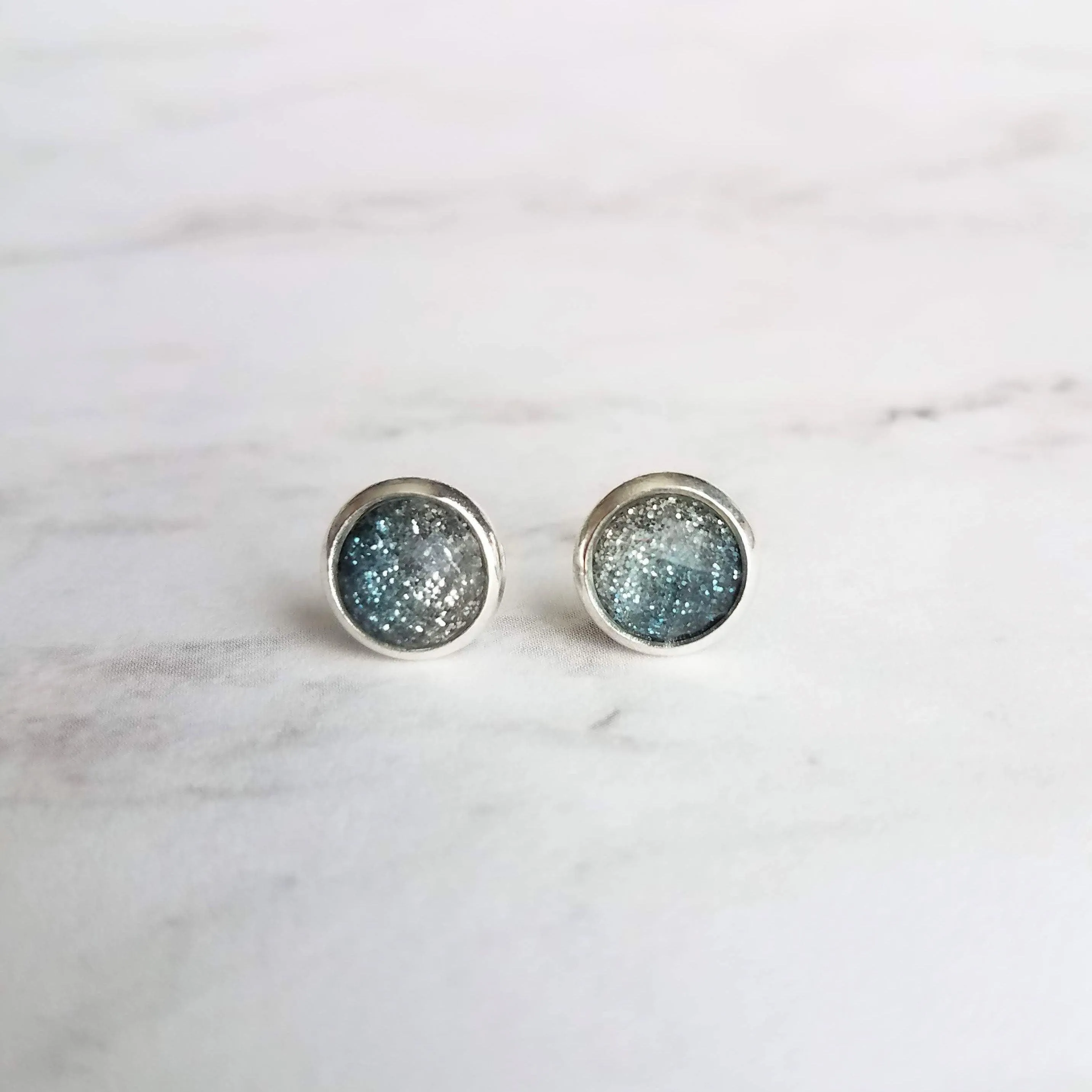 Blue Stud Earrings - glitter ombre silver to blue gradient facet cut in little round silver bezel - small simple sparkling everyday jewelry