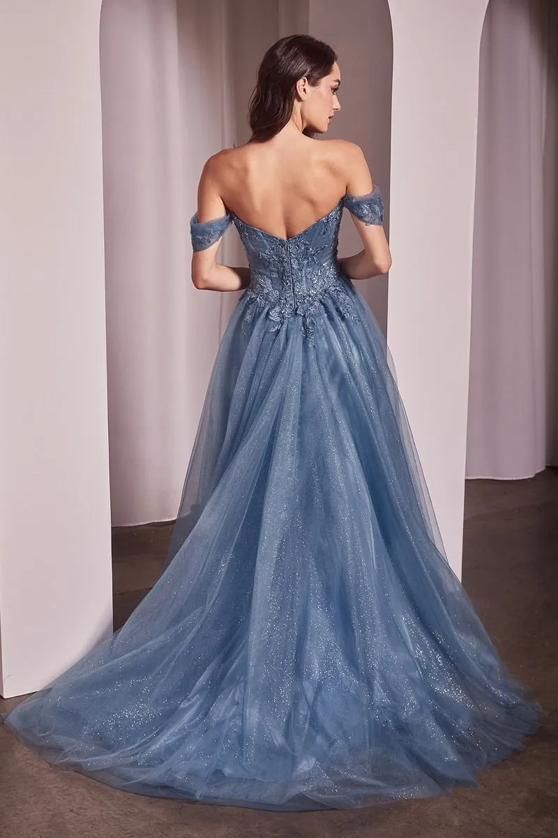 CD CD799 - Off the Shoulder A-Line Prom Gown with Boned Lace Floral Appliqué & Layered Glitter Tulle Skirt