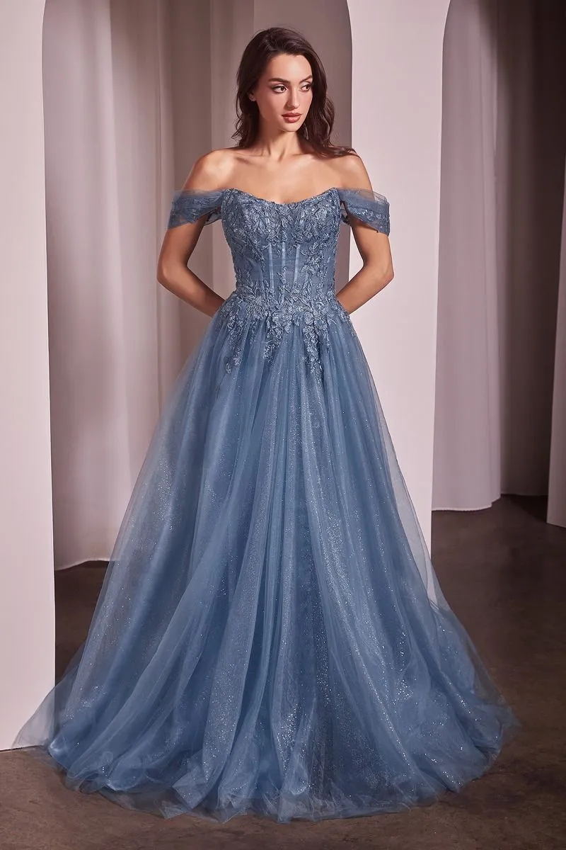 CD CD799 - Off the Shoulder A-Line Prom Gown with Boned Lace Floral Appliqué & Layered Glitter Tulle Skirt