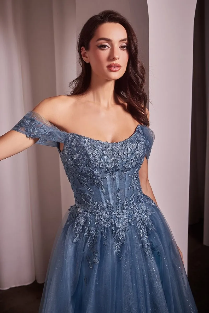 CD CD799 - Off the Shoulder A-Line Prom Gown with Boned Lace Floral Appliqué & Layered Glitter Tulle Skirt