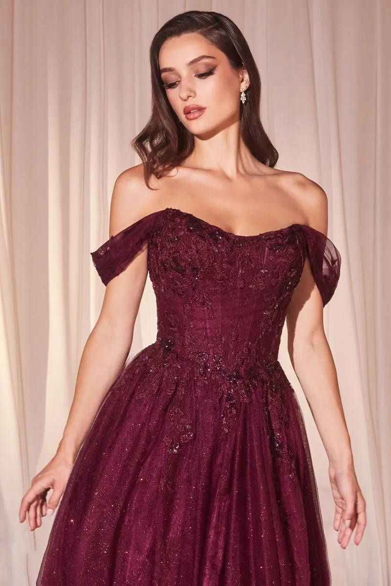 CD CD799 - Off the Shoulder A-Line Prom Gown with Boned Lace Floral Appliqué & Layered Glitter Tulle Skirt