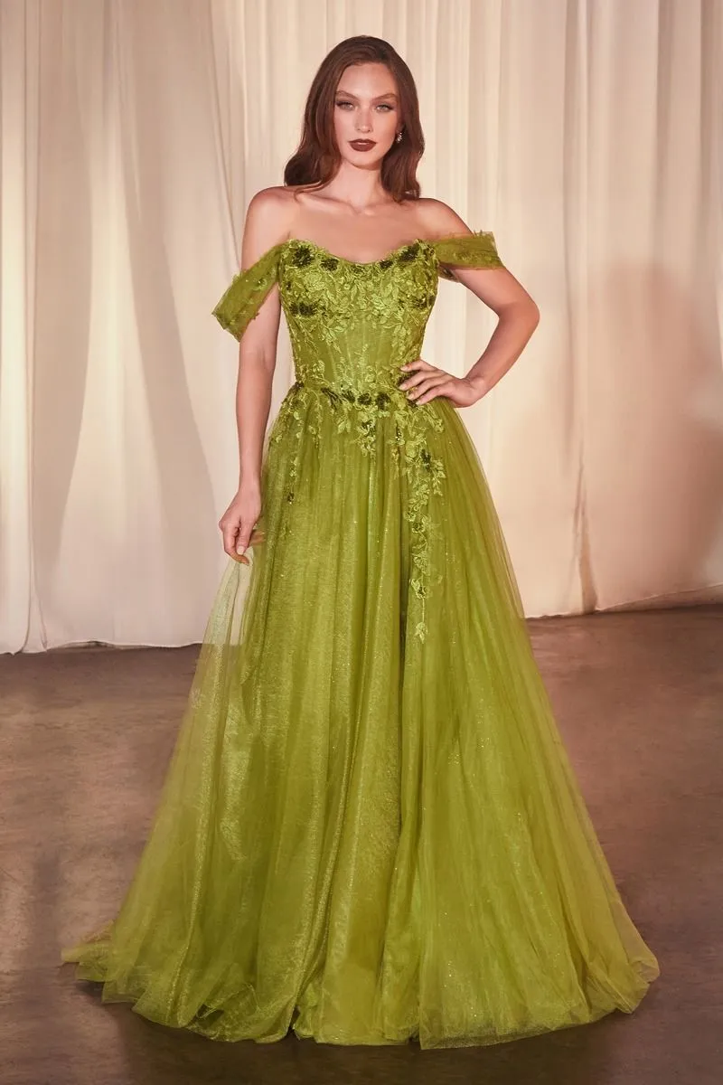 CD CD799 - Off the Shoulder A-Line Prom Gown with Boned Lace Floral Appliqué & Layered Glitter Tulle Skirt