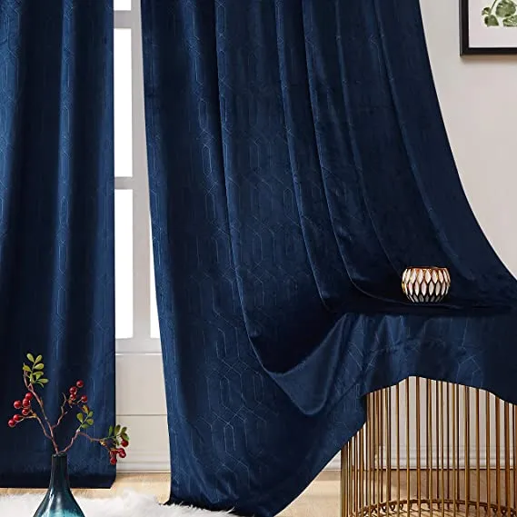 Central Park Navy Blue Velvet Window Curtain Room Darkening 90% Blackout Panels Rod Pocket Back Tab Geometric Embossed Trellis Themal Weave Drapes for Living Room and Bedroom (52" Wx63 L, 2 Panels)