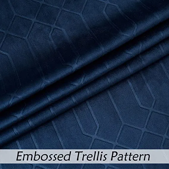 Central Park Navy Blue Velvet Window Curtain Room Darkening 90% Blackout Panels Rod Pocket Back Tab Geometric Embossed Trellis Themal Weave Drapes for Living Room and Bedroom (52" Wx63 L, 2 Panels)