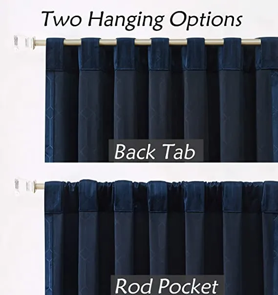 Central Park Navy Blue Velvet Window Curtain Room Darkening 90% Blackout Panels Rod Pocket Back Tab Geometric Embossed Trellis Themal Weave Drapes for Living Room and Bedroom (52" Wx63 L, 2 Panels)