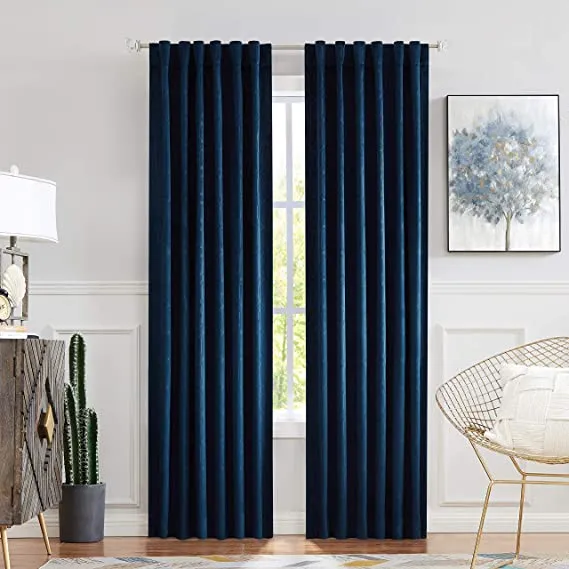 Central Park Navy Blue Velvet Window Curtain Room Darkening 90% Blackout Panels Rod Pocket Back Tab Geometric Embossed Trellis Themal Weave Drapes for Living Room and Bedroom (52" Wx63 L, 2 Panels)