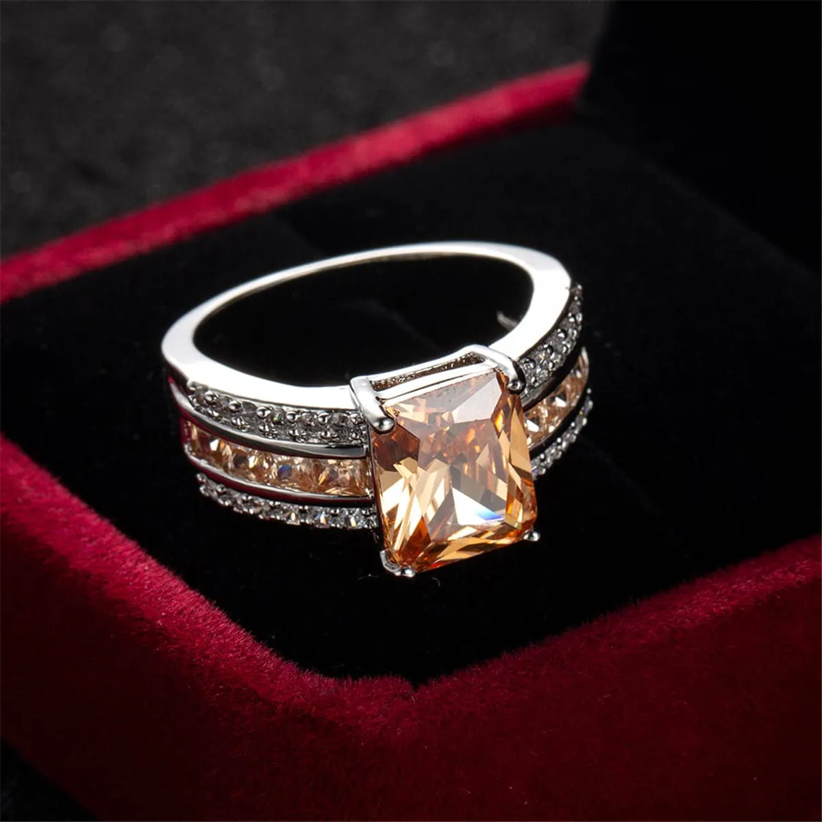 Champagne Cubic Zirconia & Crystal Three-Row Radiant-Cut Ring