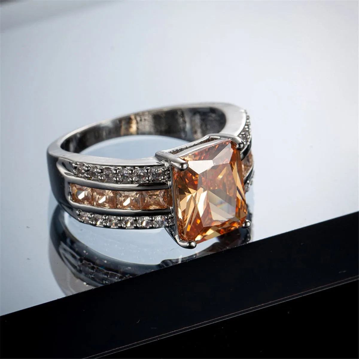 Champagne Cubic Zirconia & Crystal Three-Row Radiant-Cut Ring