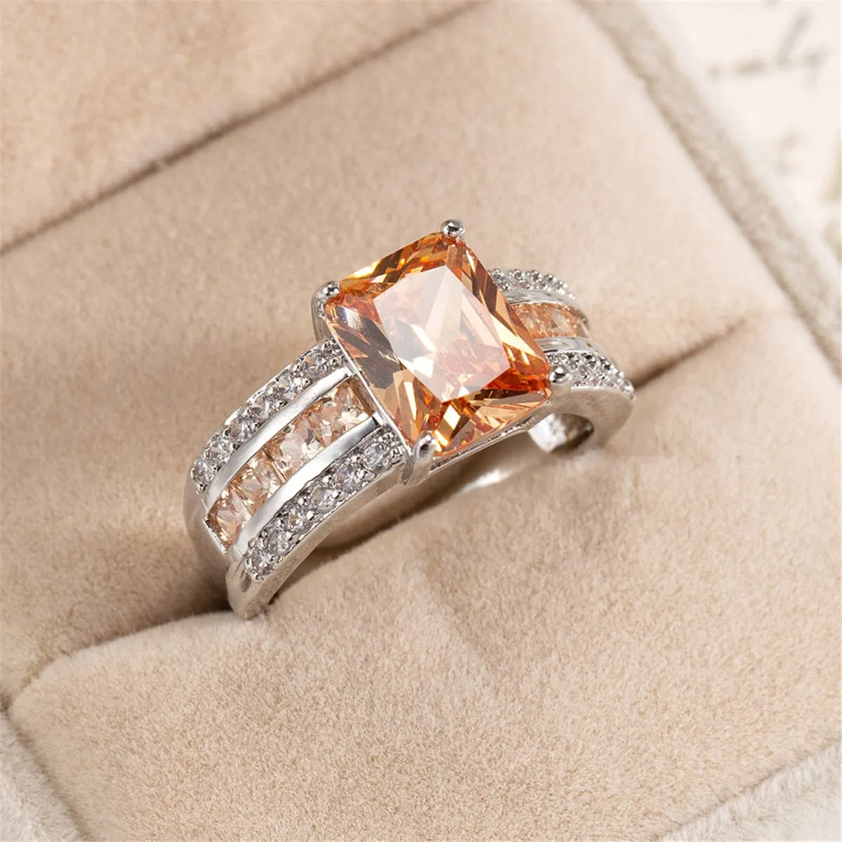 Champagne Cubic Zirconia & Crystal Three-Row Radiant-Cut Ring