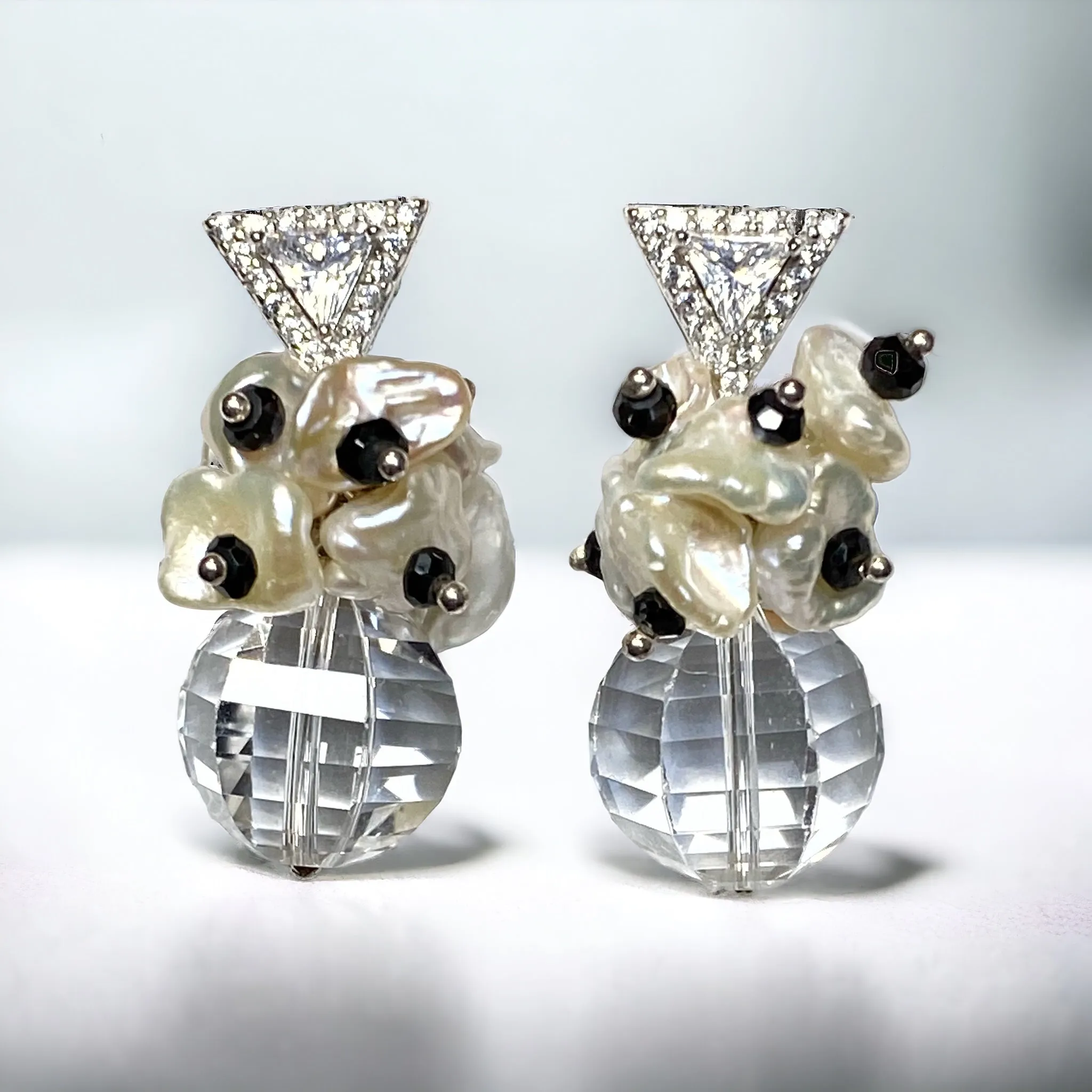Clear Crystal Quartz Wedding Earrings Sterling Silver Black Spinel Post Earrings