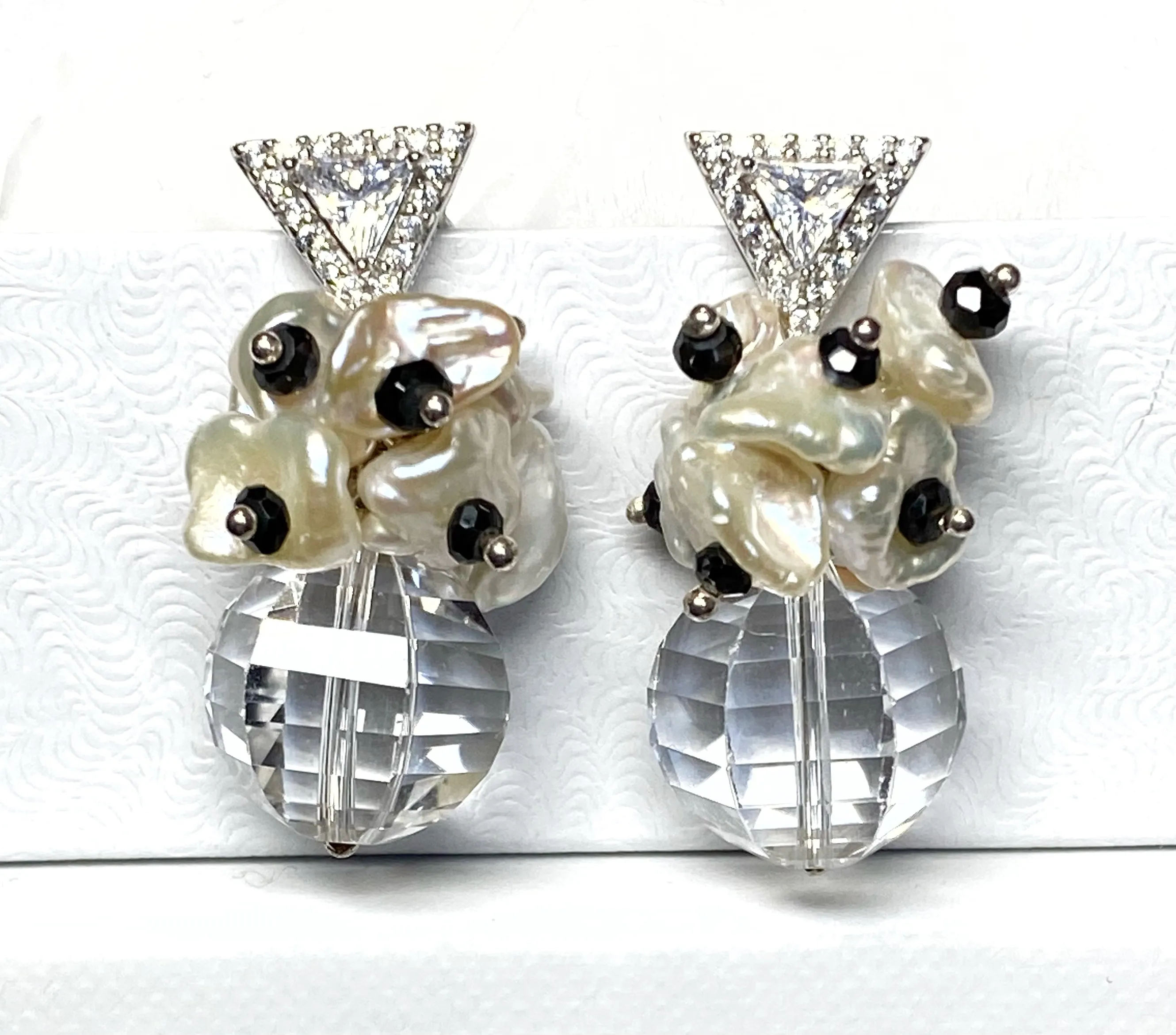 Clear Crystal Quartz Wedding Earrings Sterling Silver Black Spinel Post Earrings