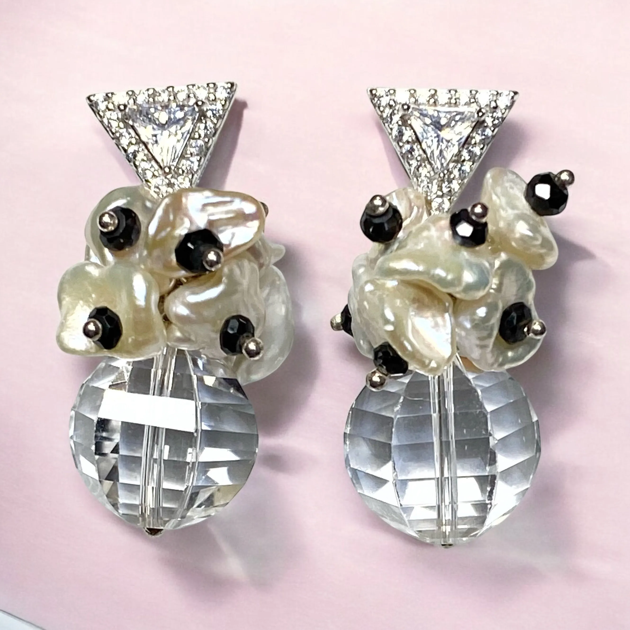 Clear Crystal Quartz Wedding Earrings Sterling Silver Black Spinel Post Earrings