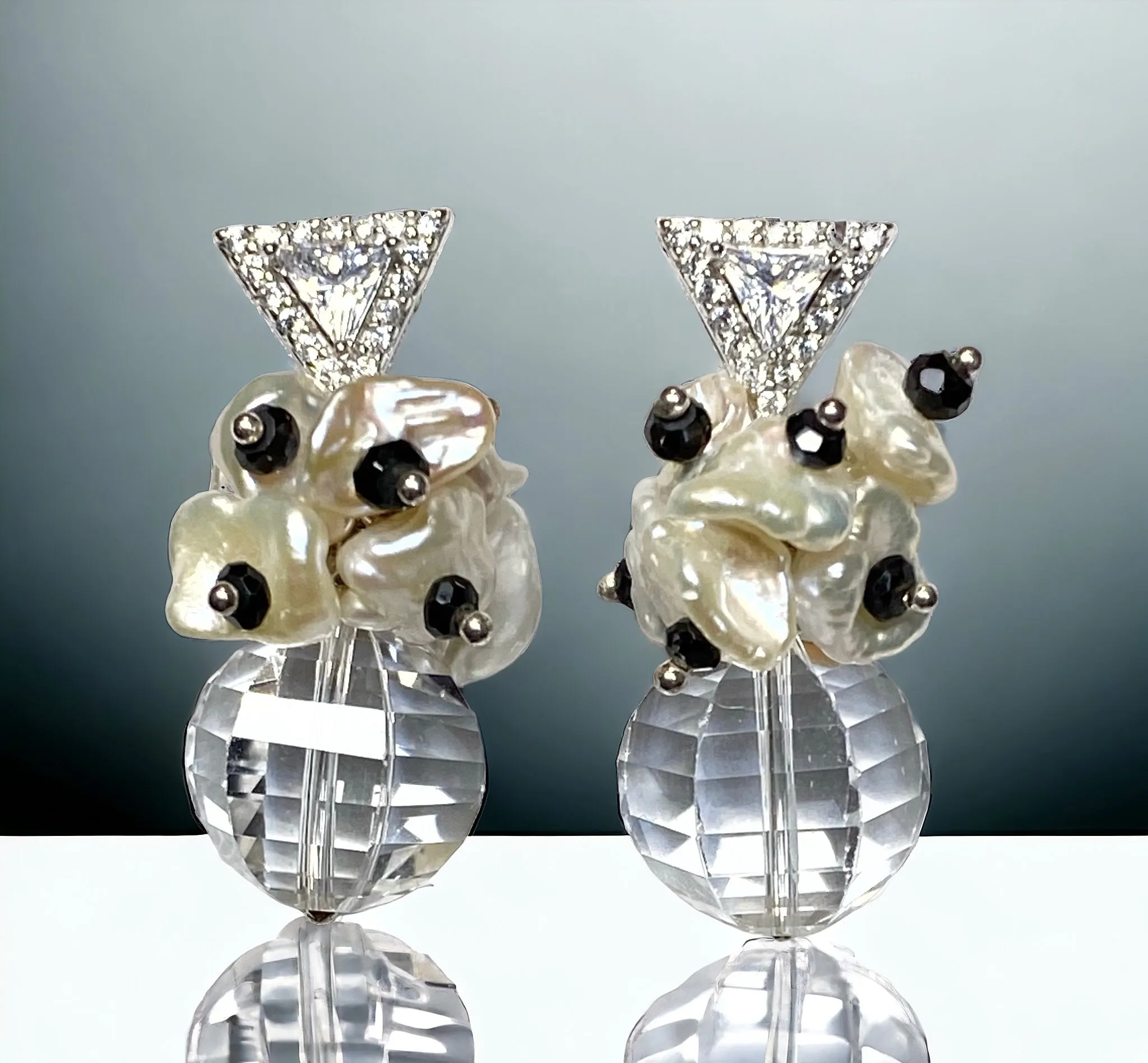 Clear Crystal Quartz Wedding Earrings Sterling Silver Black Spinel Post Earrings